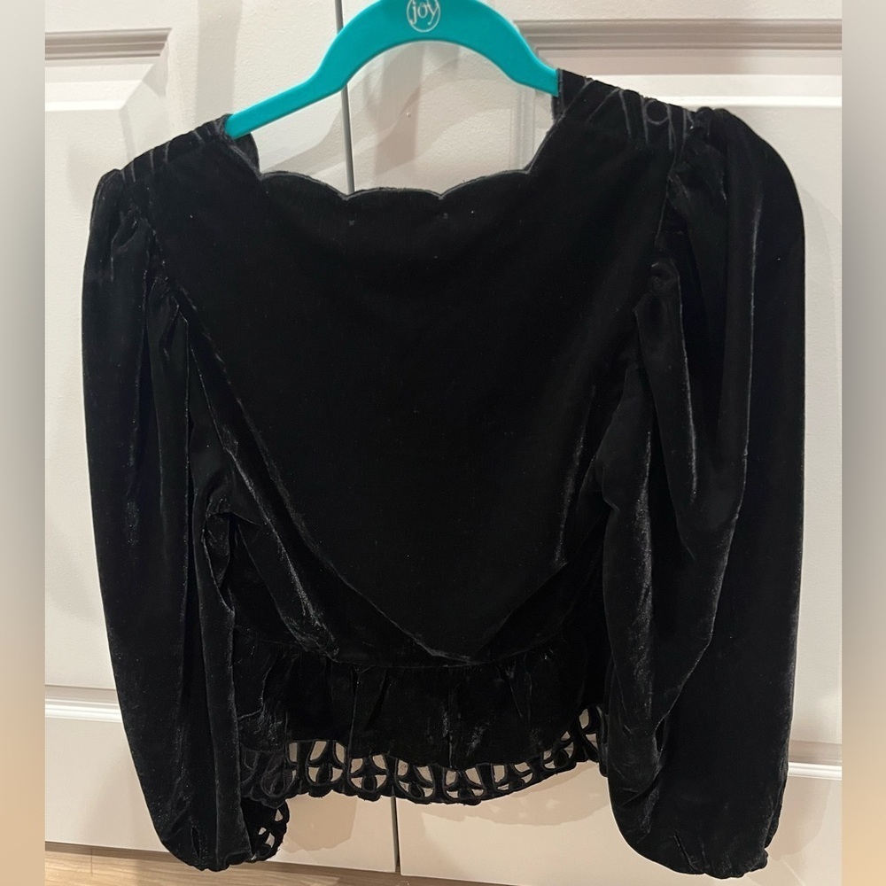 NWT SEA Dana tulle-trimmed embroidered velvet long sleeve blouse top black S - Picture 6 of 7